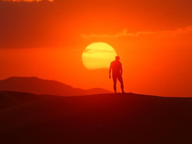 Yuma Artsの創設者が砂漠の夕日を眺めている。