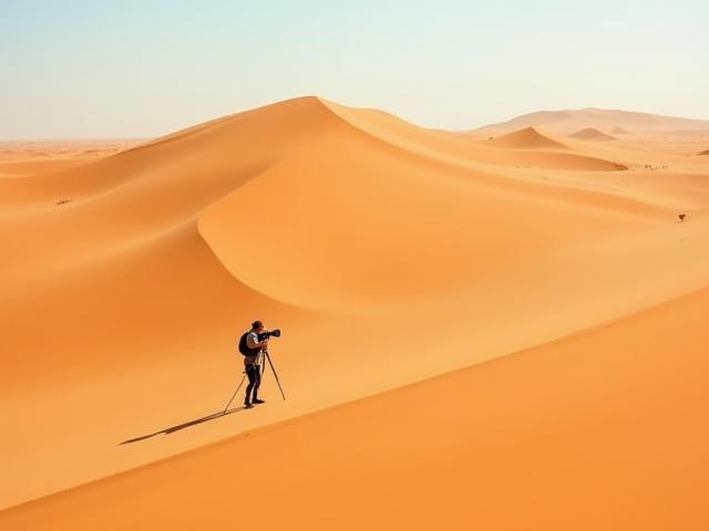 広大な砂漠でプロのカメラマンが撮影している様子