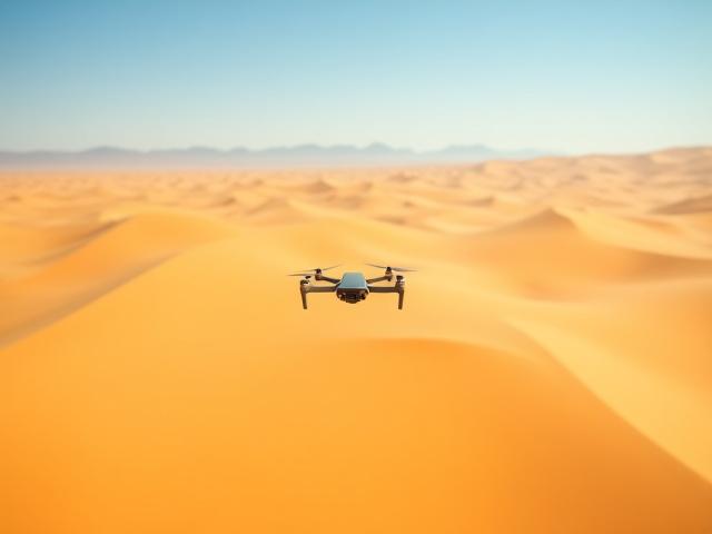 ドローンが砂漠の広大な風景を上空から撮影している様子