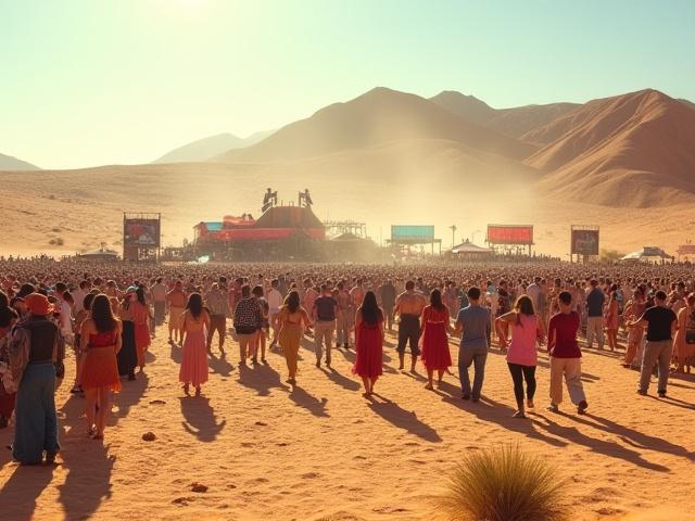 砂漠で開催されている活気ある音楽フェスティバルを上空から撮影した