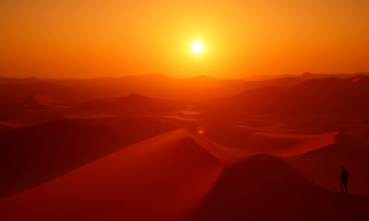 Yuma Arts サービスのヒーローイメージ - 夕焼けの砂丘でドローンを飛ばすシルエット