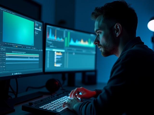 暗い部屋でカラーグレーディングを行っている映像編集者の写真